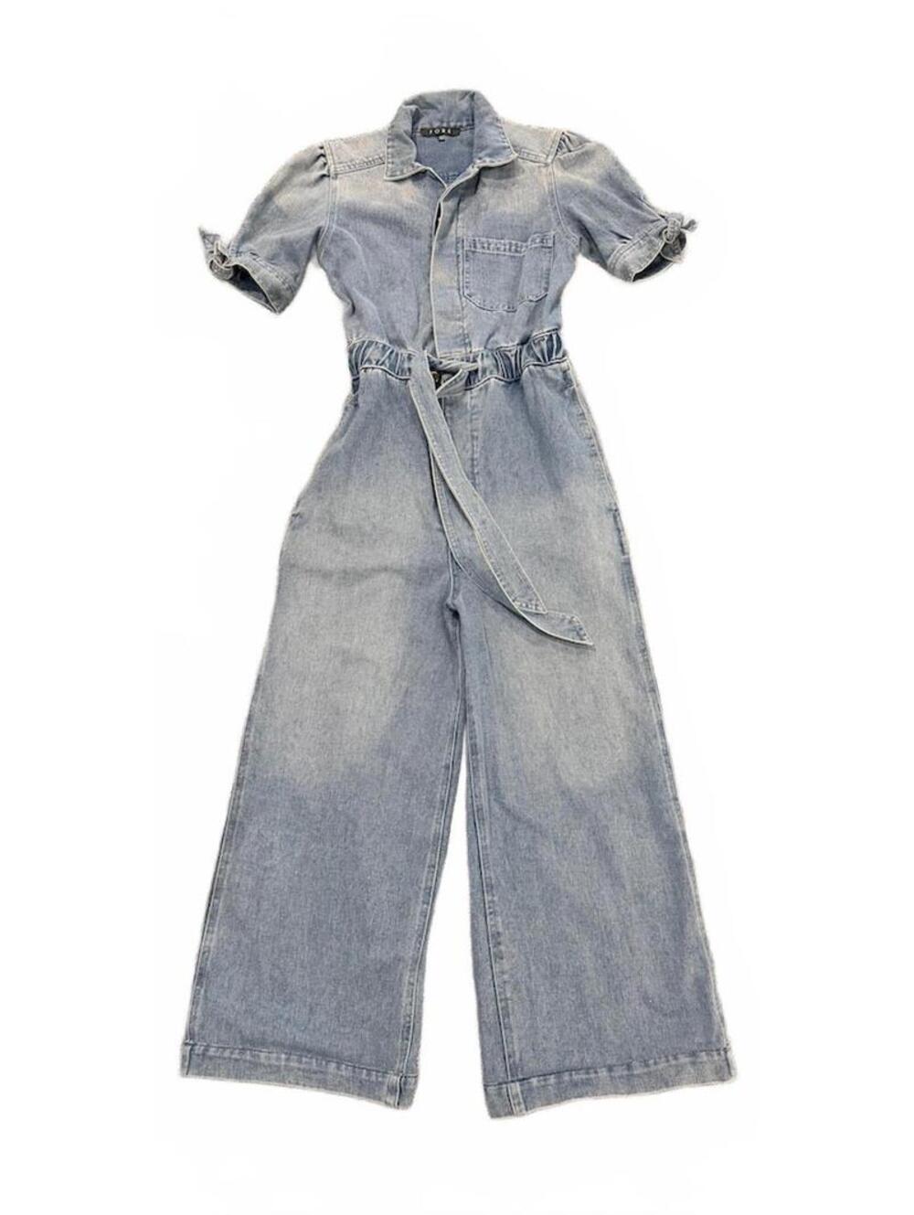 Fore Collection Light Wash Denim Wide Leg Jumpsuit Puff Sleeve Tie Waist Size S